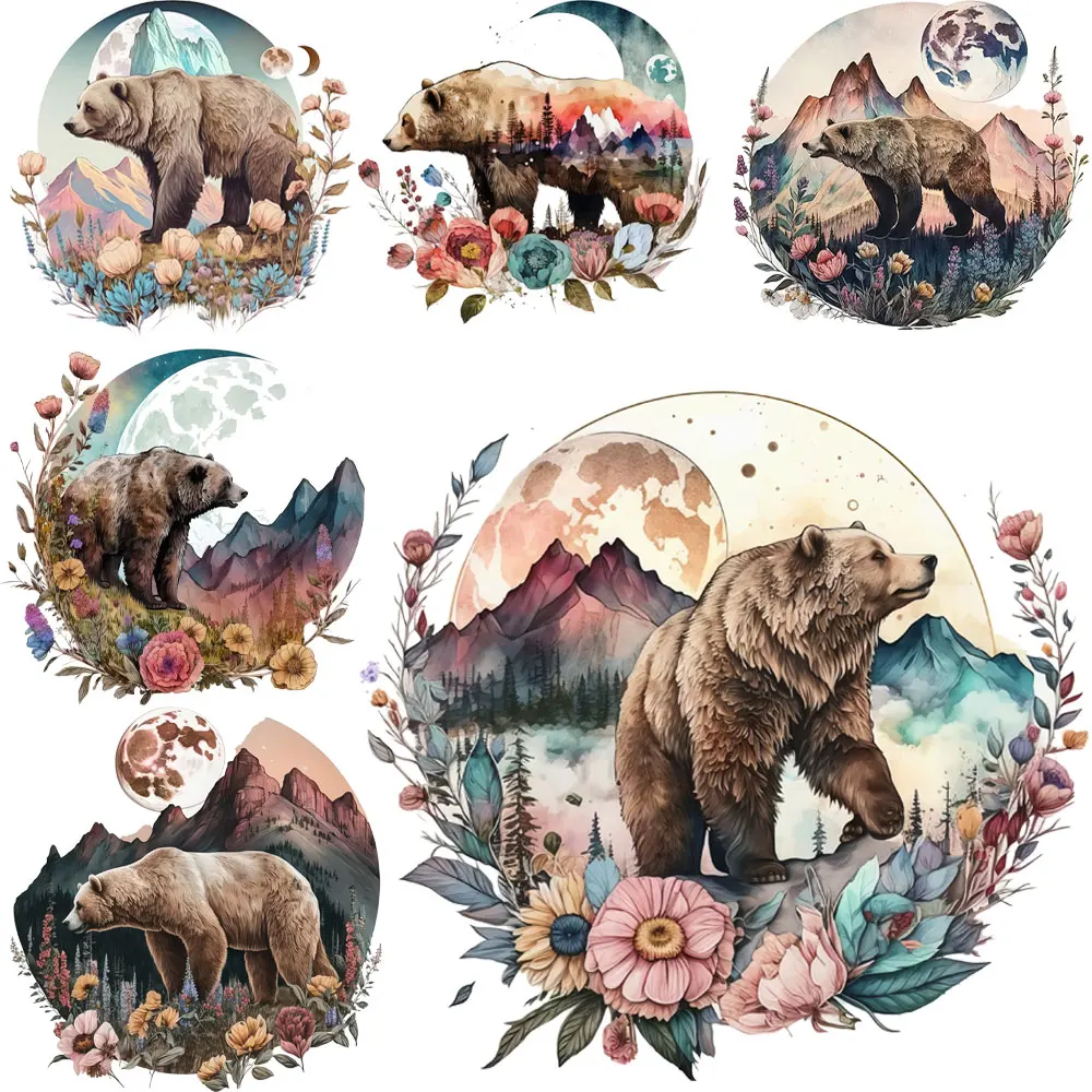 Cool bear Mountain Ironing Sticker Clothes DTF Fashion T-shirt Hoodie DIY Jacket Watercolor Animal Beer Patch Hot Paste Paper