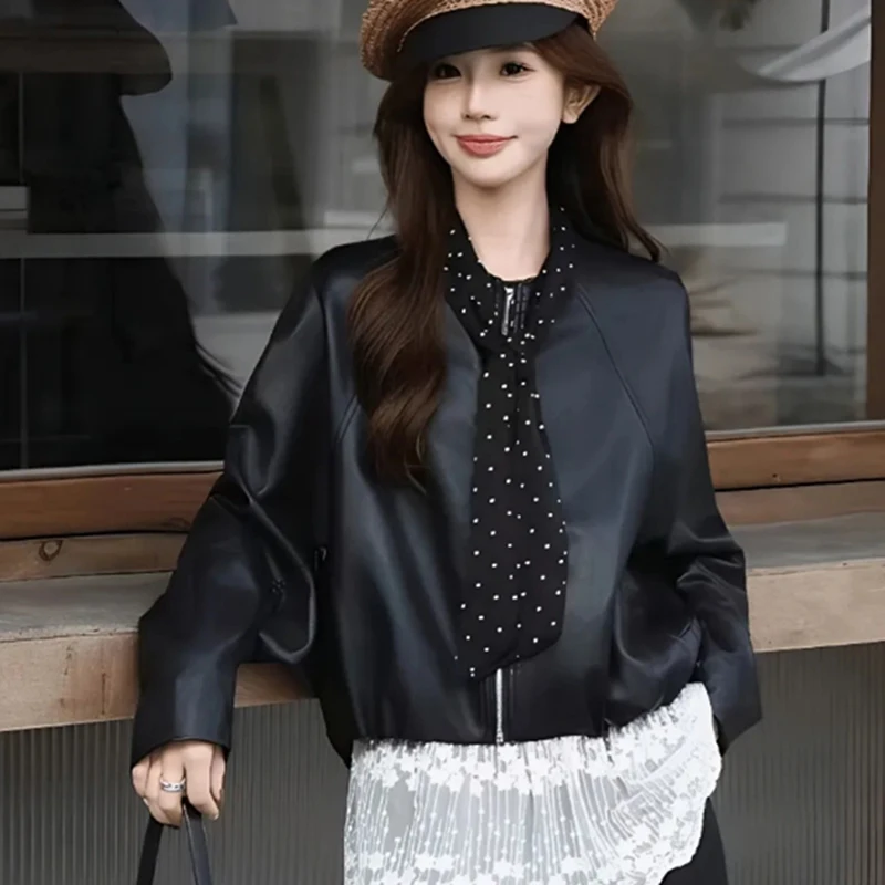 المرأة الكورية بولي Leather سترة جلدية وشاح حريري أنيق الخريف الشتاء معطف الشارع عادية Batwing كم س الرقبة أبلى Harajuku Y2K #5