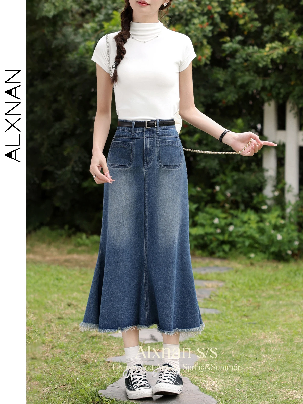 ALXNAN Mermaid Denim Spódnica dla kobiet 2024 Wiosna Lato Nowy Midi Slim Vintage Fashion Trumpet Jeans Spódnice Odzież Damska L33968