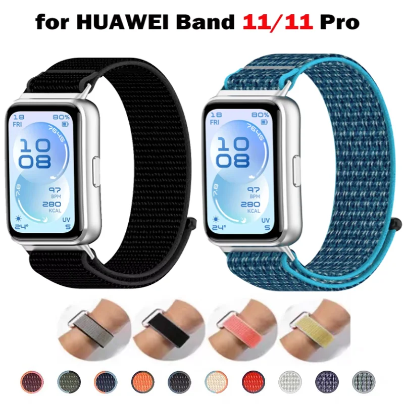 Atmungsaktiver Klettverschluss-Riemen für Huawei Band 11 Pro Nylon+Metall Sportarmband Zubehör für Huawei Band 11 Smartwatch