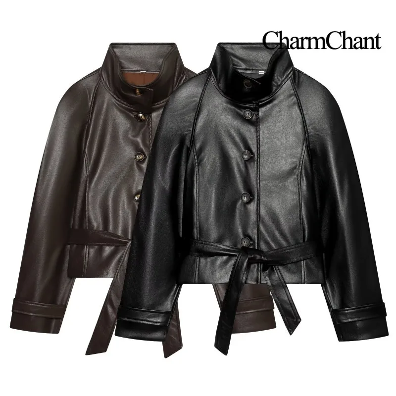 CHARMCHANT Women's Faux Leather Jacket Stand Collar Button Up Tie Waist Cropped Oversized Biker Coat Chic Streetwear Fall 2026