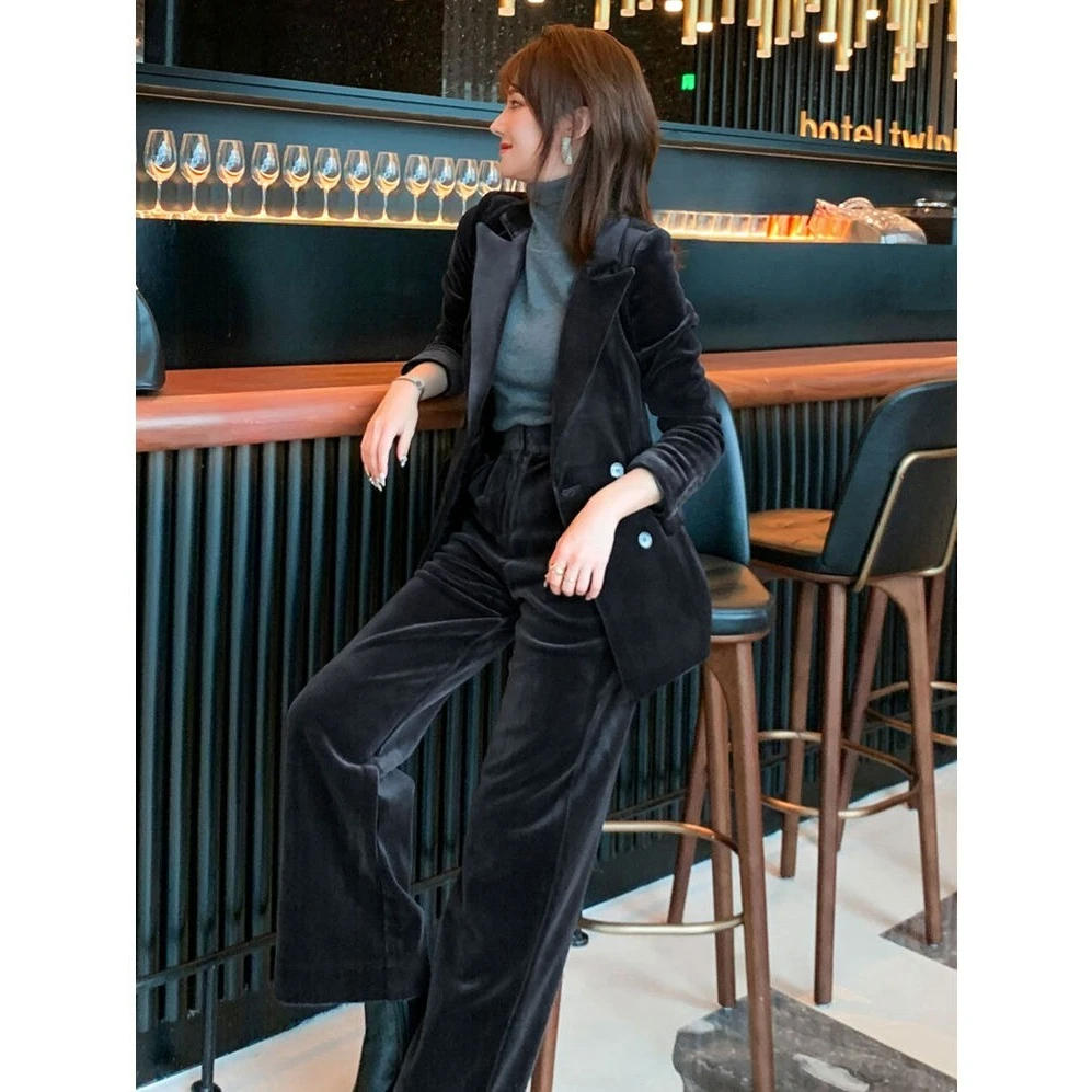 

Luxury Velvet Women's Suit Set - Autumn Winter Black Blazer & Pants,Elegant Office Outfit, European Style Professional Two-Piece