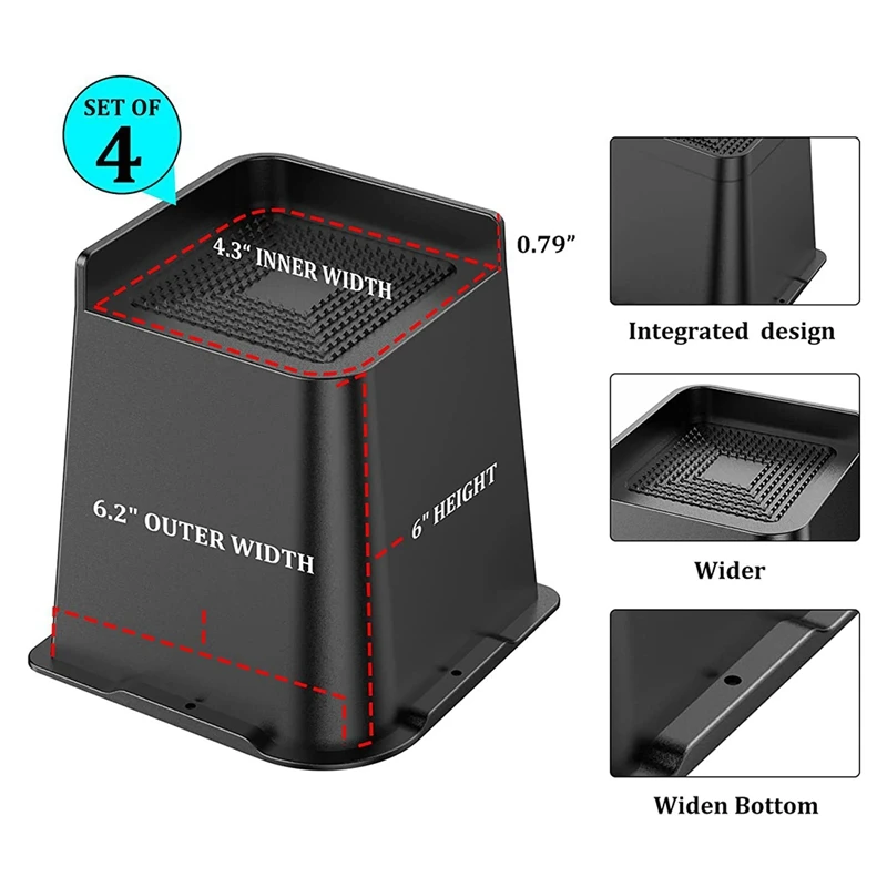 Trapezoidal cama Risers, L Forma Metade Top Spikes, Inferior Rubber Strip, cama King Riser, 4 Peça Móveis Riser, 6"