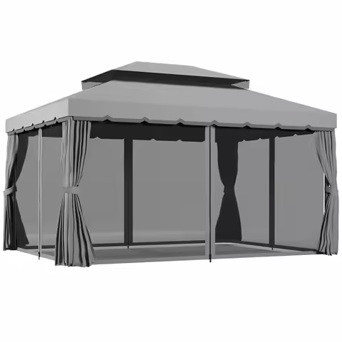 Outsunny 10x13 Patio Gazebo Netting, Curtains &amp; Aluminum Frame - Garden Deck Gray