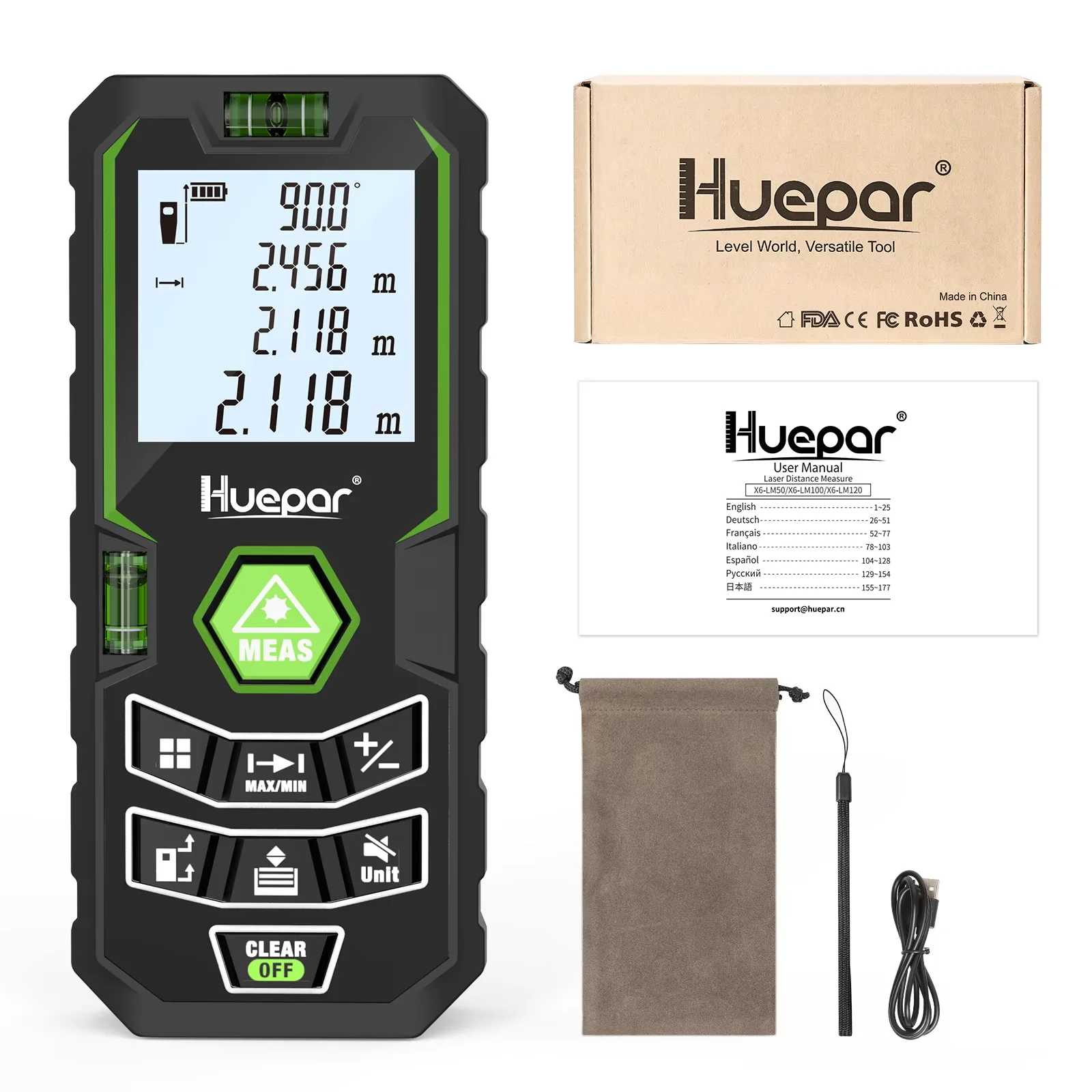 Huepar Medidor de Distância a Laser Sensor de Volume de Área de Ângulo Elétrico m in ft 100 120m Medida Range Finder com Bateria Recarregável