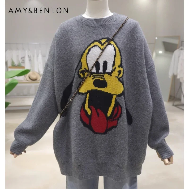 

Comfortable Age-reducing Cartoon Sweater 2024 New Winter Loose Medium And Long Thickened Warm Crew Neck Pullover Knitwear Female