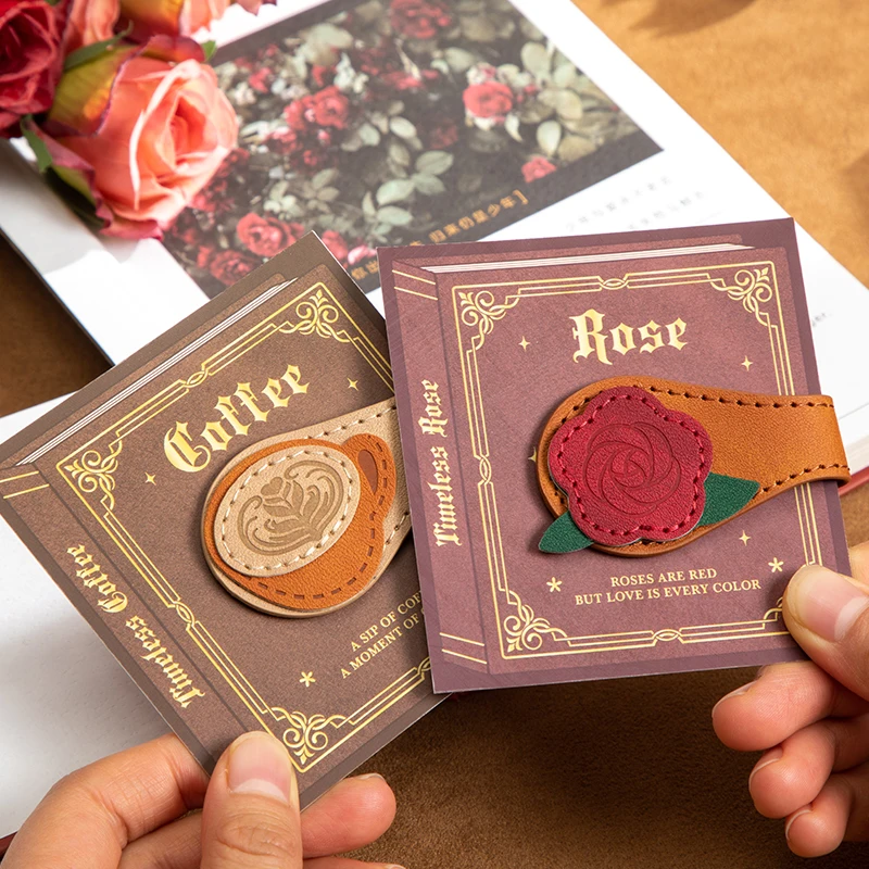 1 PC Vintage Coffee Rose Bookmark Leather Magnetic Page Holder with Double-Sided Design Ideal Reading Accessory Gift Bookmarks