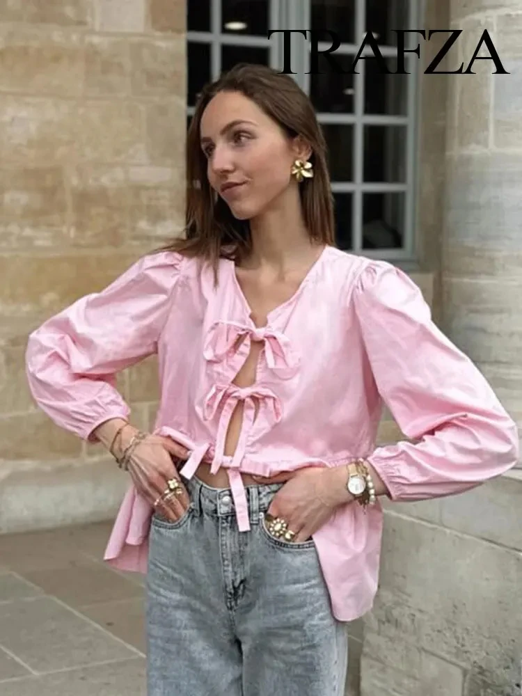 TRAFZA Women Elegant Chic Solid Color Short Sleeves Blouse Woman New Fashion Vintage Casual Bow Lace Up Folds Shirt Loose Tops