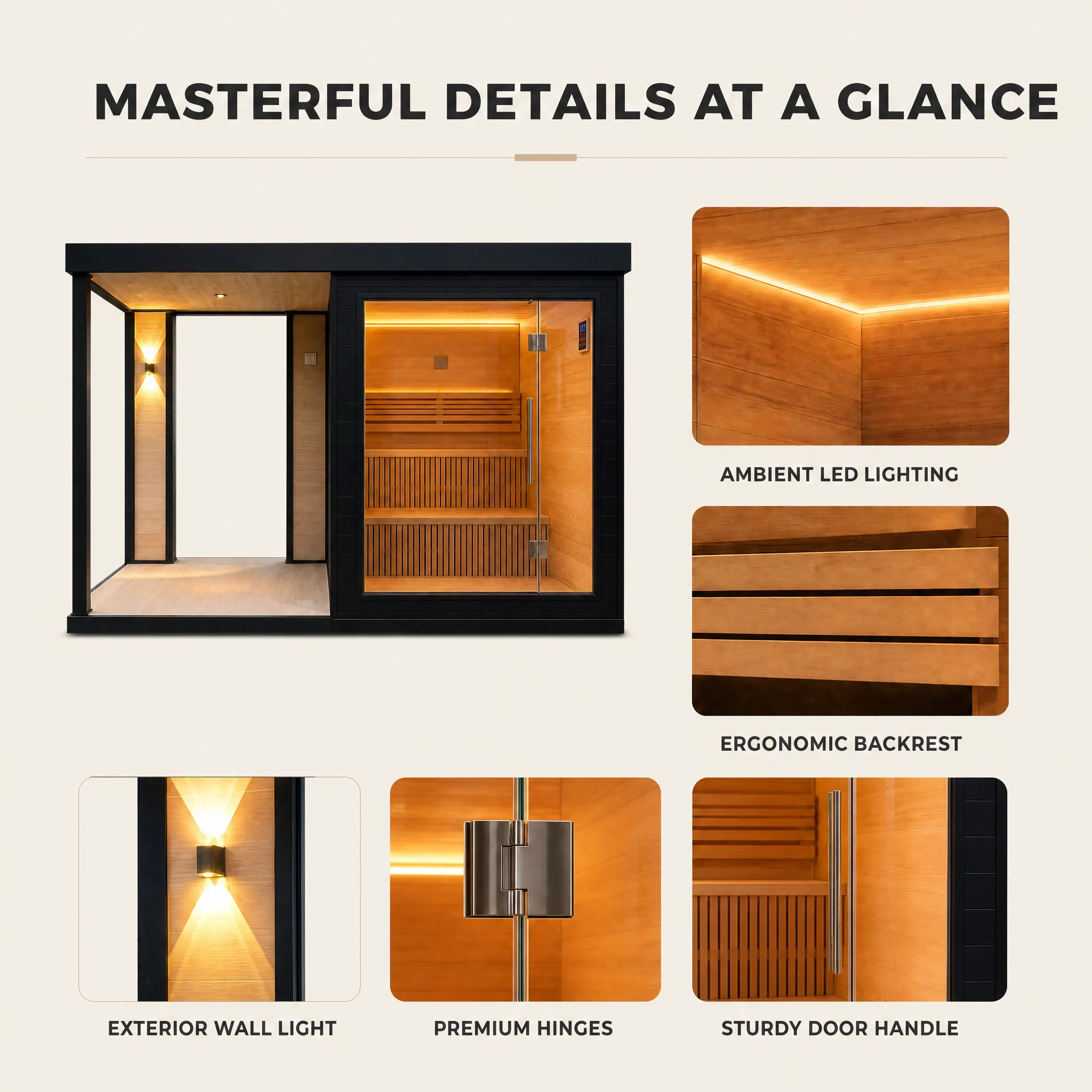 Outdoor Sauna Room with Covered Porch, Black Flat Roof, Tempered Glass Door and Ambient LED for OEM/ODM Projects