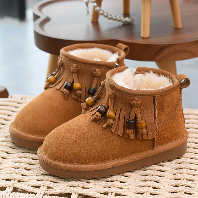 

Детские зимние сапоги из натуральной кожи с плюшевым хлопком, новые зимние хлопковые сапоги 2025 года, сапоги принцессы с кисточками для девочек, дети