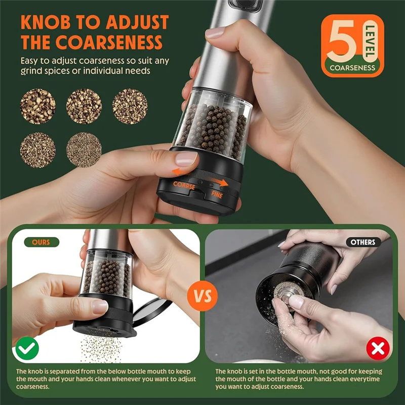 

Electric Salt And Pepper Grinder Set Adjustable Coarseness Rechargeable For Kitchen-A77G