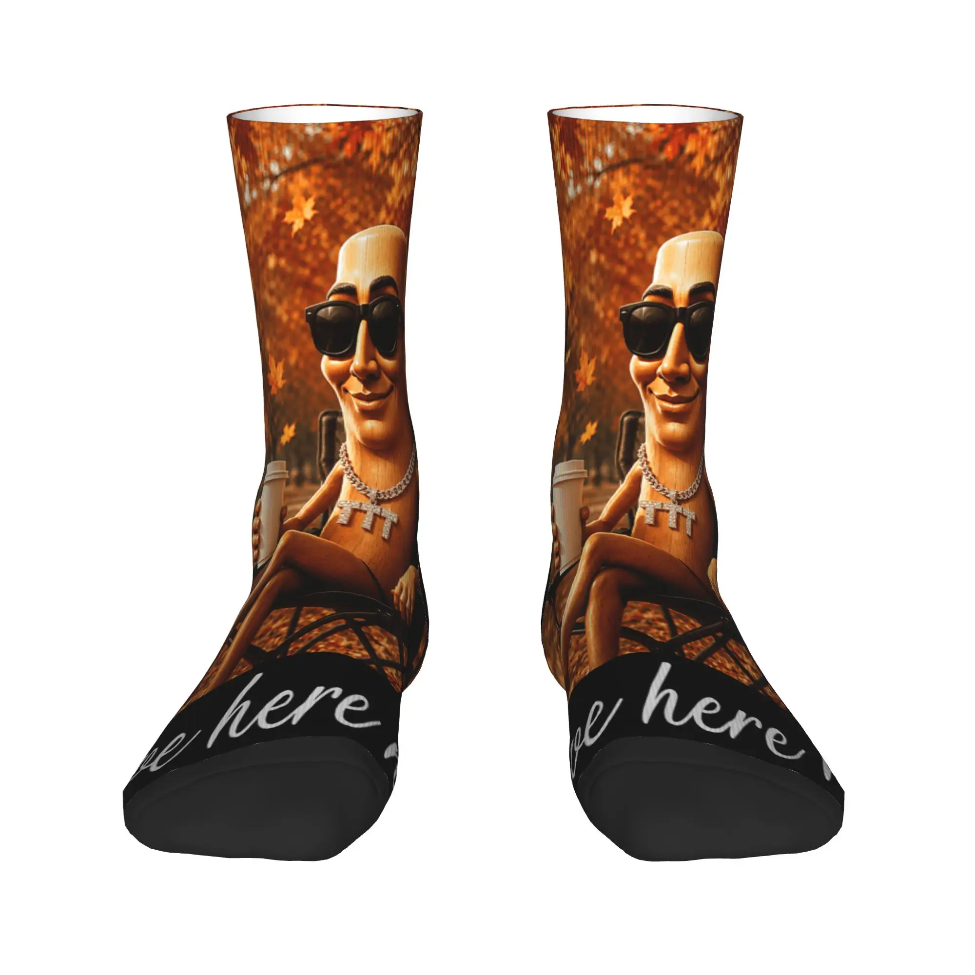 Autumn Park Coffee Time Funny Tung Sahur Brainrot Fall Meme Stockings  Novelty Socks Winter Socks Men Cycling Soft Socks