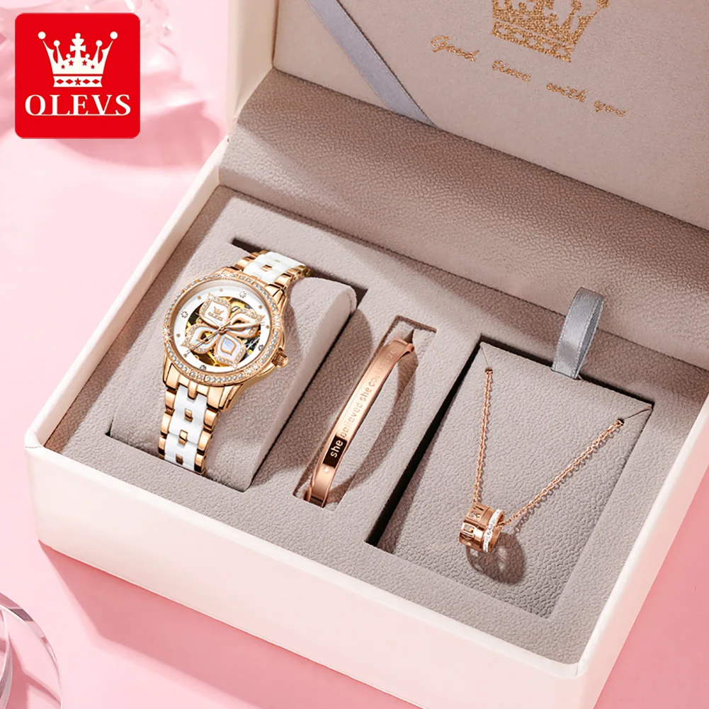 OLEVS Elegant Ceramics Strap Automatic Mechanical Watch for Women Luxury Top Brand Ladies Wristwatch Bracelet Necklace Gift Sets