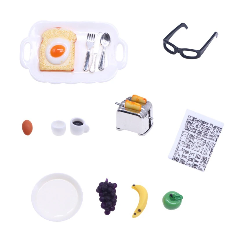 

1Set 1:12 Scale Miniature Dollhouse Bread Machine Breakfast Set Egg Bread Fruit Breakfast Tray Suit Model Mini Kids Kitchen Toys