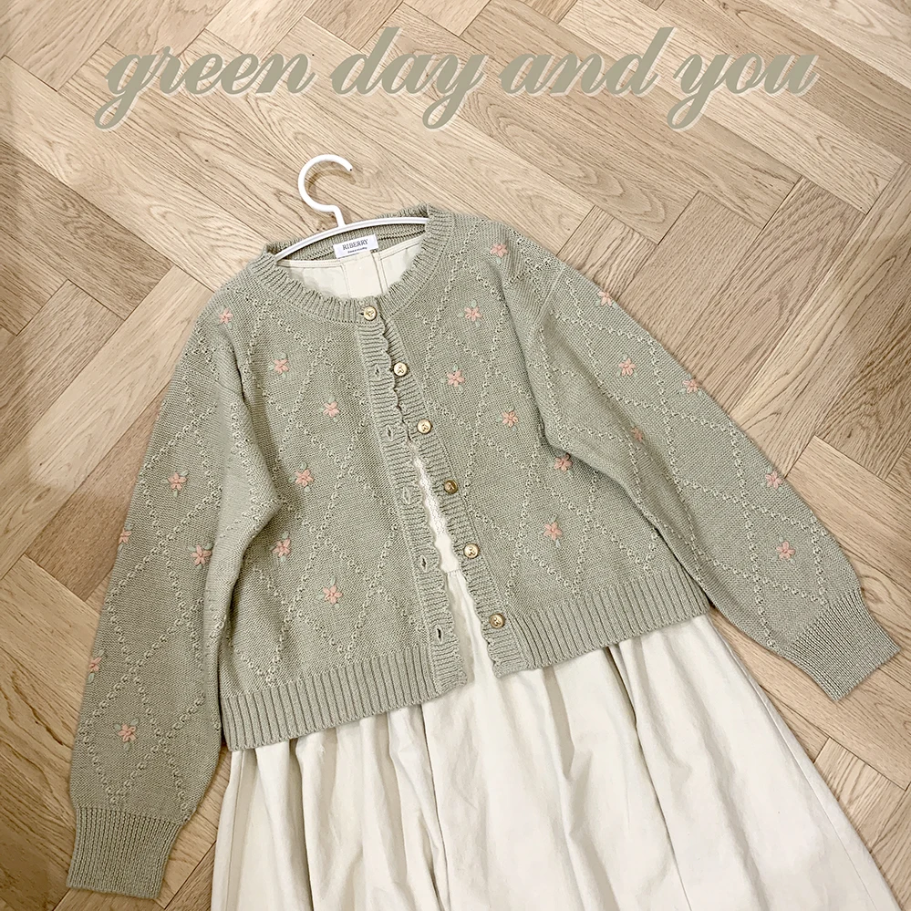Vintage Handmade Knitted Sweater Cardigan Floral Embroidery Green Cute Floral Retro Girl Commute Style Long Sleeve round Neck