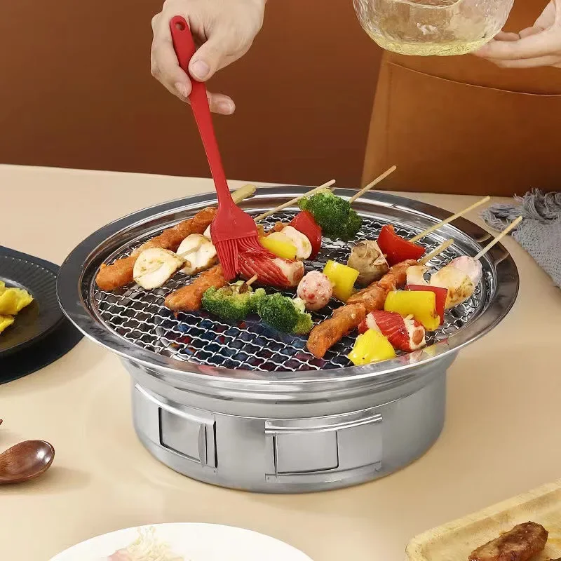 Korean Stainless Steel Round Charcoal Grill, Household, Commercial, Outdoor, Portable