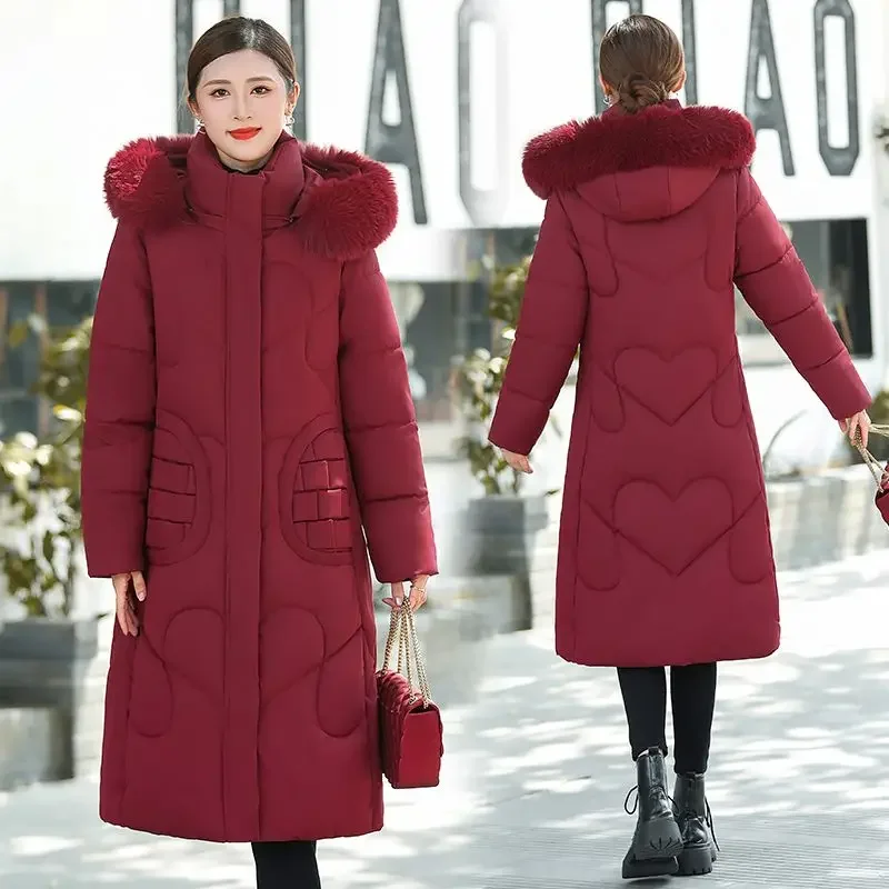 Piumino invernale da donna in cotone Giacca da pendolarismo lunga in cotone con cappuccio antivento