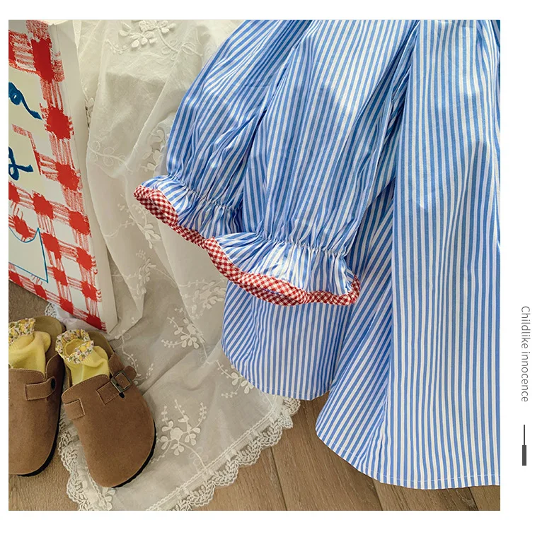 Robe chemise à manches longues pour filles, avec broderie de pommes, Design rayé, vêtements élégants pour enfants, printemps-automne