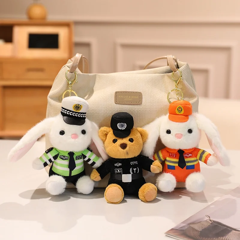 

Handsome Occupation Police Series Rabbit Bear Plush Toys Cartoon Traffic Firefighter Animal Pendants Cuddly Keychain Bags Decor