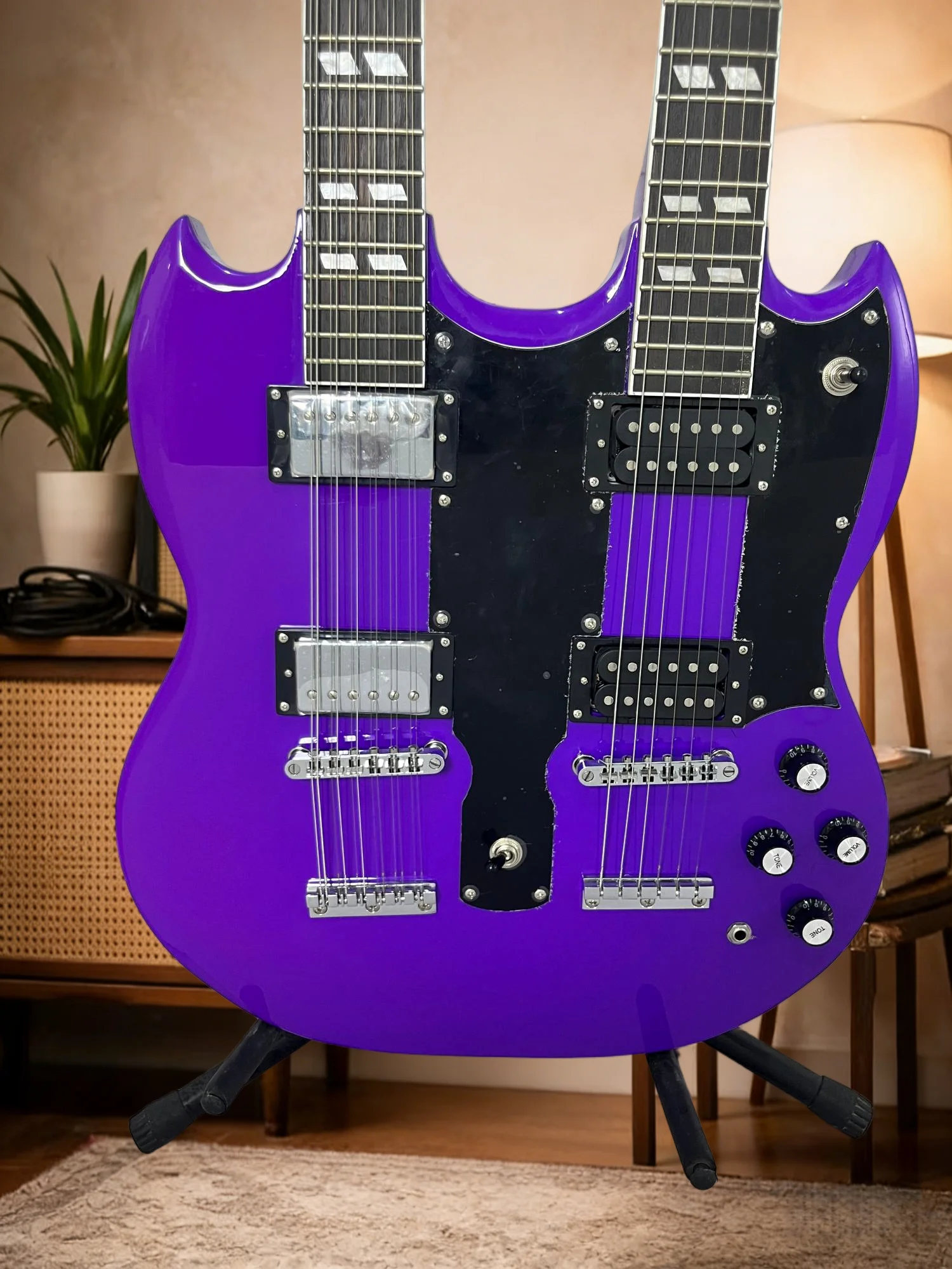 Bright Purple SGS Double Neck 12 Strings 6 Strings Electric Guitar Solid Wood Body 2-in-1 Mahogany Body White Square Shell