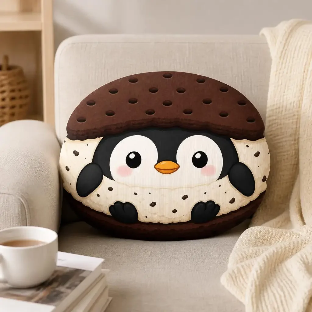 Cute Penguin Ice Cream Sandwich Plush Pillow Animal Dessert Cushion Stuffed Throw Pillow Floor Cushion Kawaii Home Decor Gift