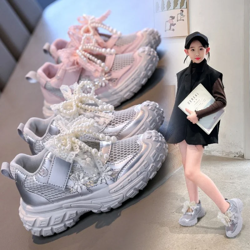 Korean Style Princess Summer Sport Shoes For Girls Mesh Breathable Teenager Girl's Sneakers Trend Fashion Pearl Party Sneakers