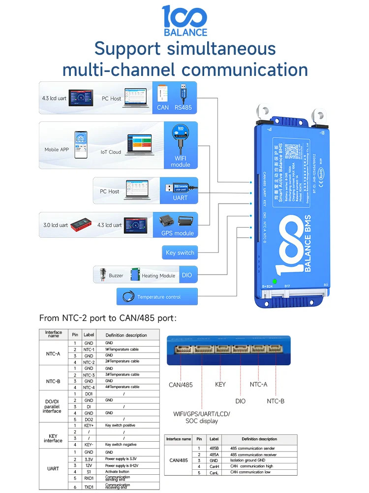 Smart BMS 16s 48v lifepo4 Wifi bluetooth RS485 Can 8S 10S 13S 16S 20S 24S 100A lcd display active balance bms jk 4s lifepo4 bms