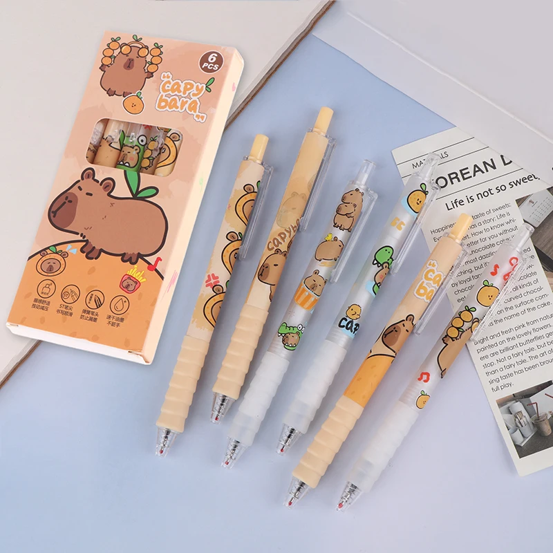 6Pcs/set Kawaii Pressing Neutral Pen Cute Capybara Gel Pen Quick-Drying Writing Smooth Pen School Supplies Stationery