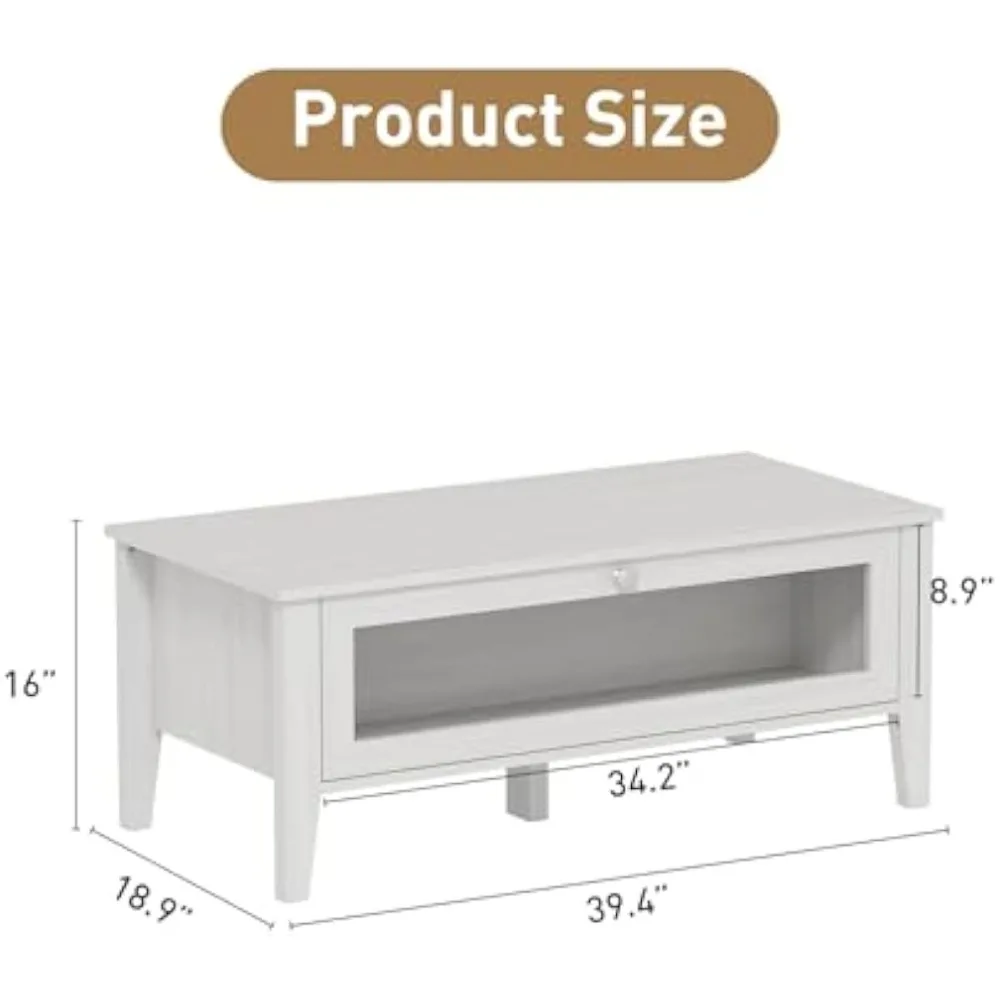 Modern White Coffee Table with Glass Door Storage Compartment, Rectangular Wooden Center Table for Living Room, 39.4"*18.9"*16"
