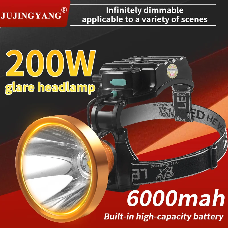 200W Led Headlight Strong Light Long-Range Head-Mounted Safety Helmet Miner\'S Lamp Rechargeable Outdoor Emergency Large Headlamp