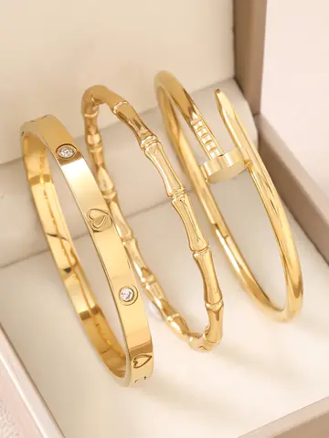 1pc 18K Gold Plated Stainless Steel Stackable Bracelet With Chain And Clover Design, Fashion Style For Women, Suitable For Casua