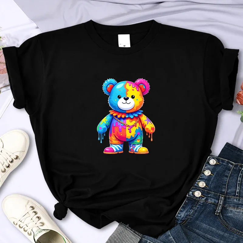 

Women's Luxury Brand High-Quality Summer Colorful Bear Print T-shirt 100%Cotton Casual Oversized Y2k Personality Sleeve O-neck
