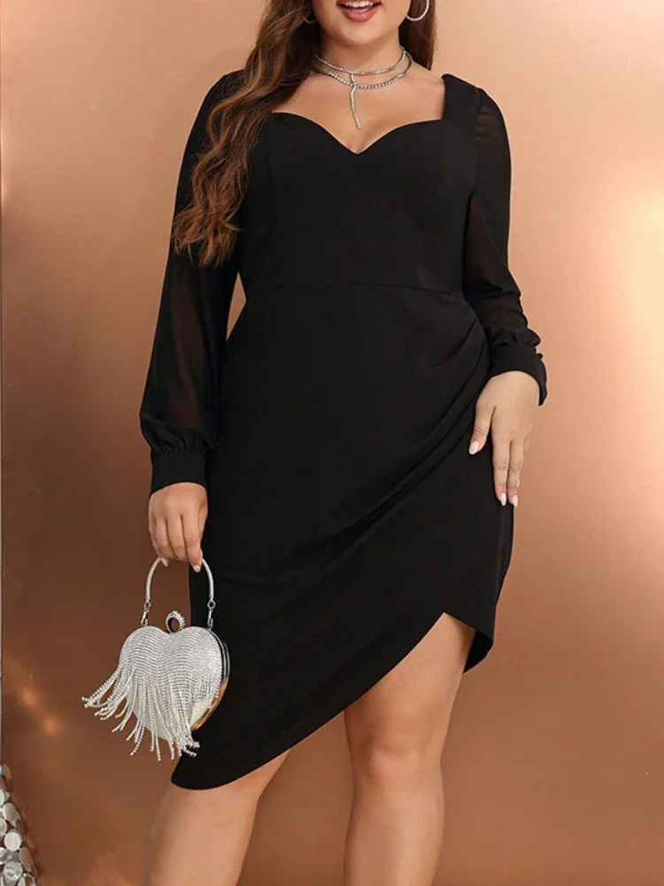 Black Asymmetrical Dresses for Women Sweetheart Neck Long Sleeve Autumn New Club Party Sexy Backless Fashion Plus Size Vestidos