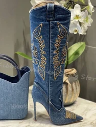Embroider Cowboy Knee High Boots Denim Cloth Fashion Novelty Sexy Concise Elegant Slip-On Women Shoes New Pointed Toe Thin Heels