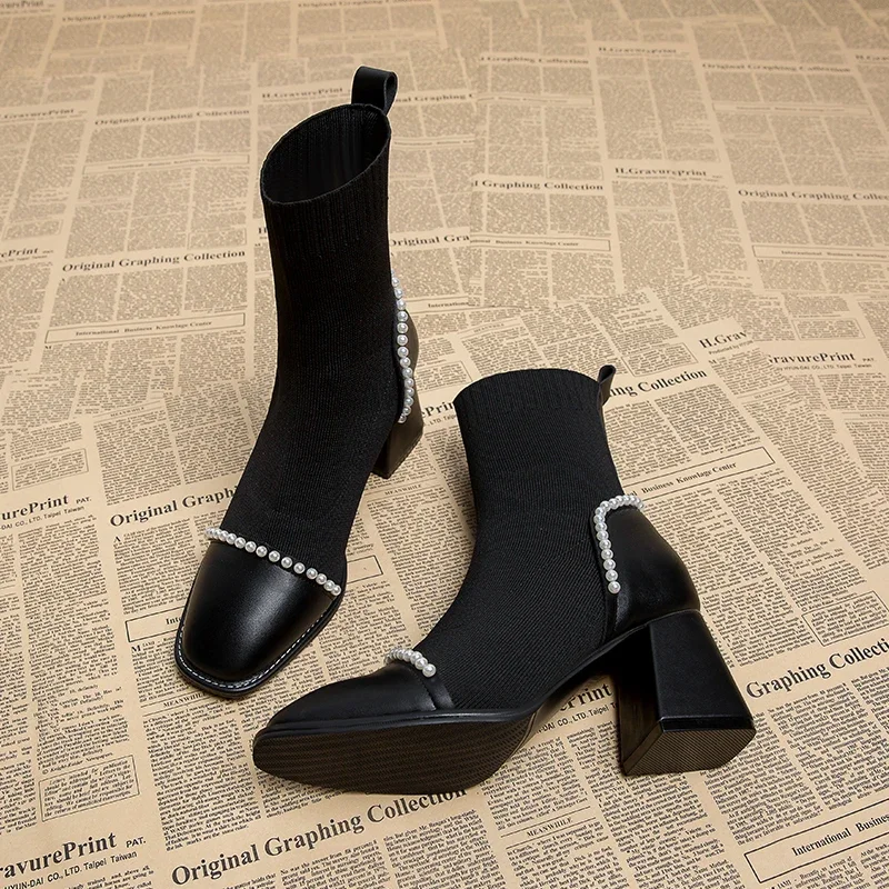 Bottes chaussettes à talons hauts carrés pour femmes, chaussons courts noirs pour dames, Parker à la mode, automne et hiver