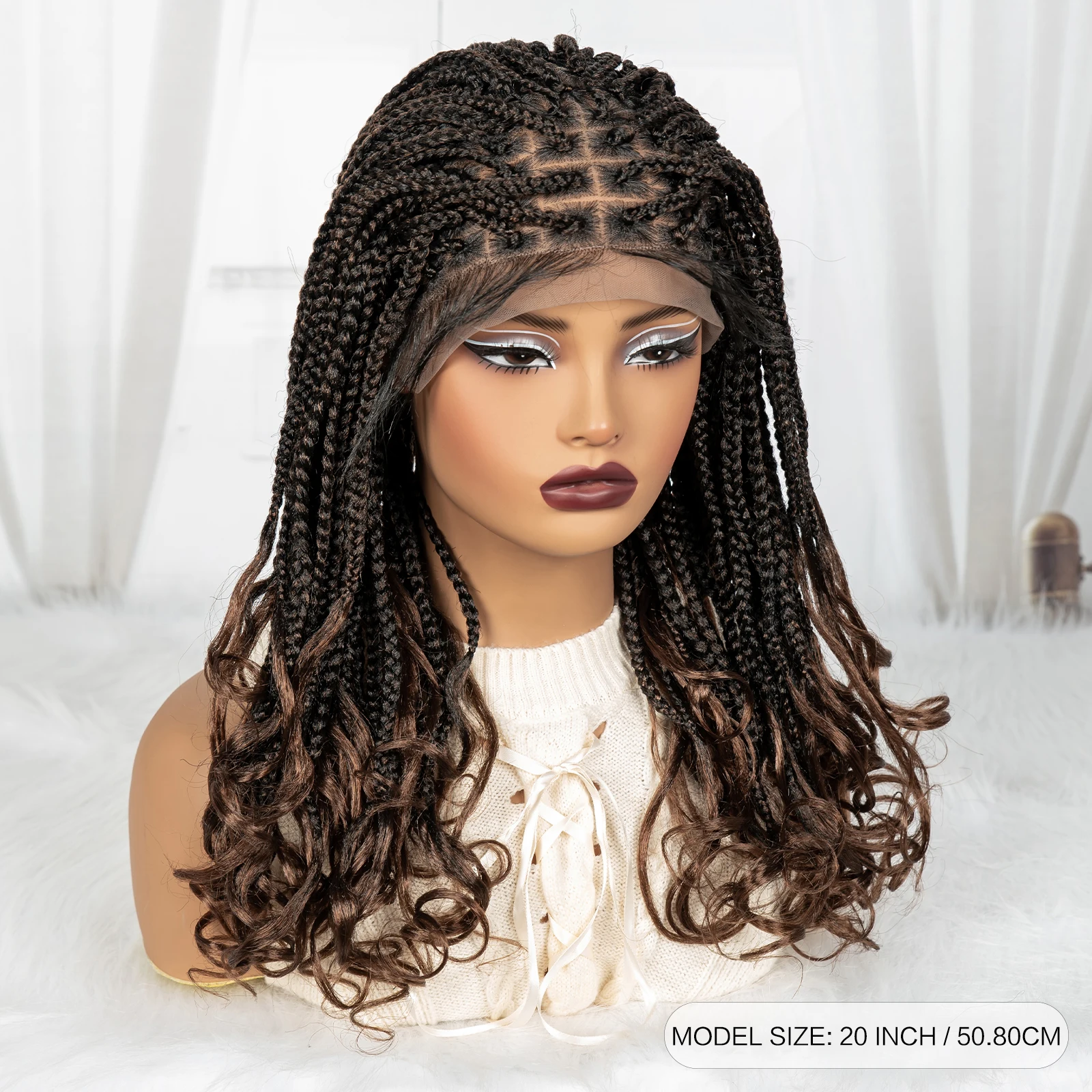 1B/30 Ombre Braided Wigs with Wavy Ends 9X6 Lace Front Synthetic Knotless Braided Lace Wigs Blended Box Braids Wig for Women