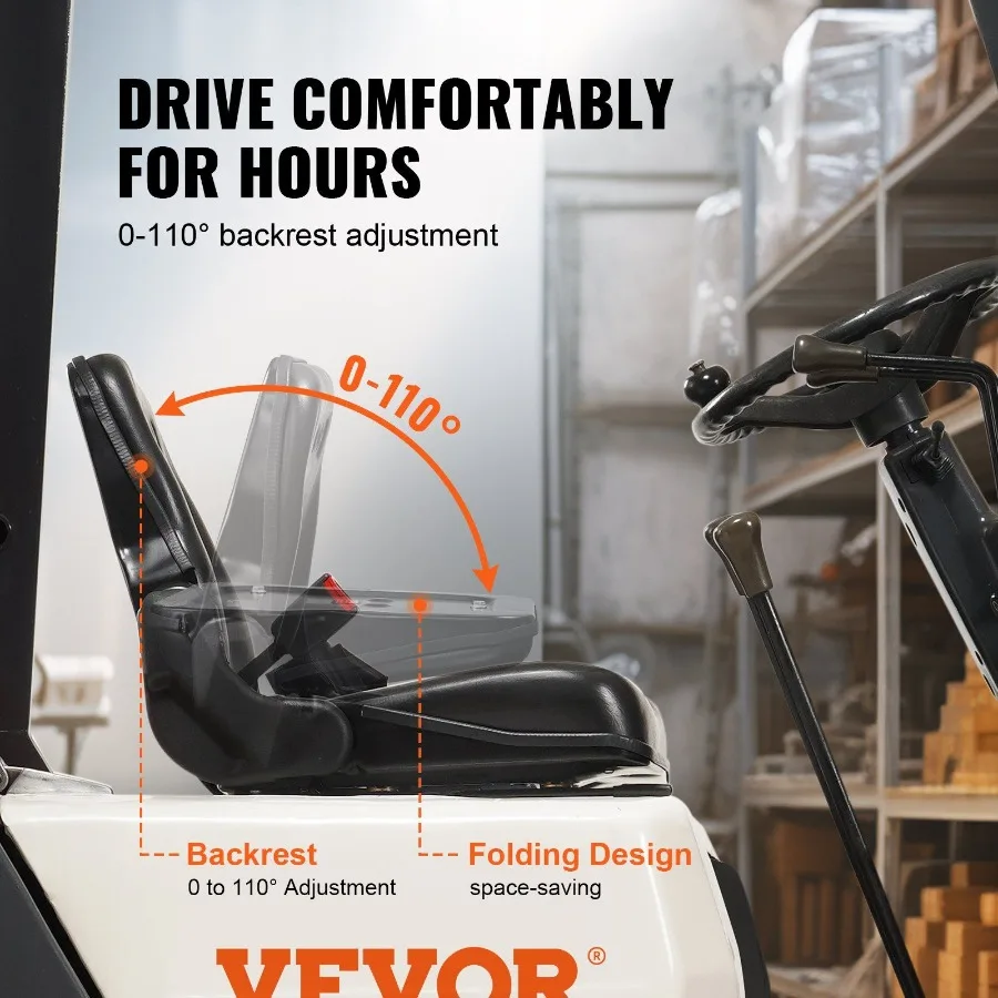 Sedile per carrello elevatore universale Sedile per trattore pieghevole con microinterruttore posteriore ad angolo regolabile e cintura di sicurezza retrattile da 6,313,4 pollici S