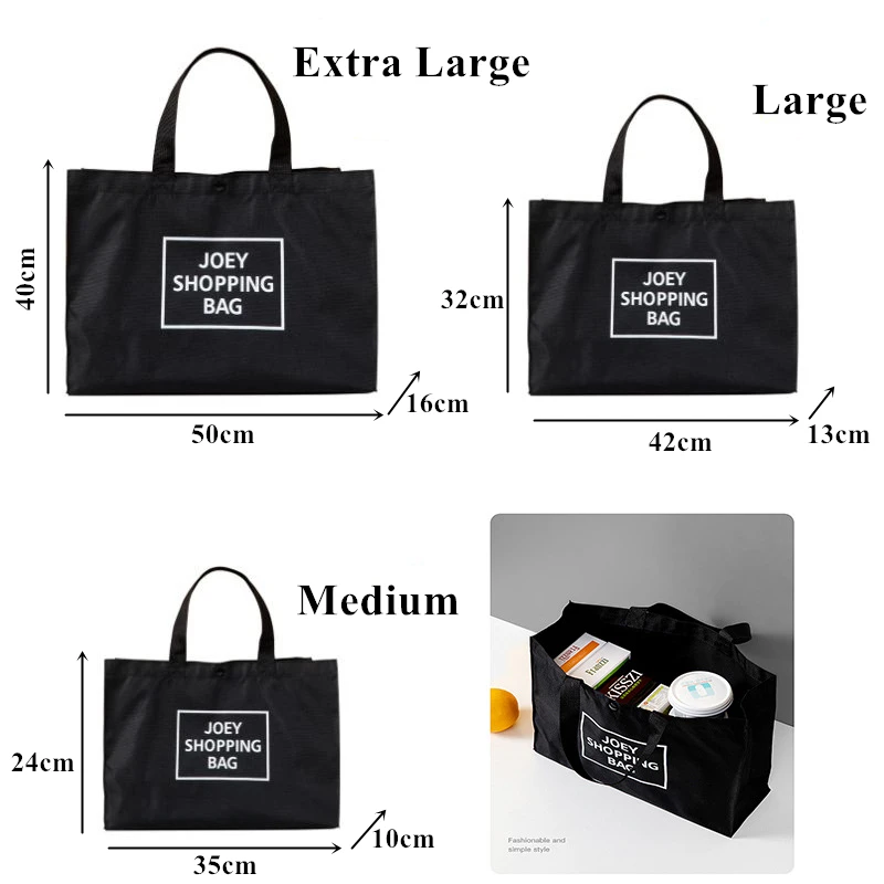 Black Foldable Supermarket Shopping Bag Portable Hand-Held Oxford Grocery Tote Large Capacity Eco Reusable Shoulder Shopper Bags
