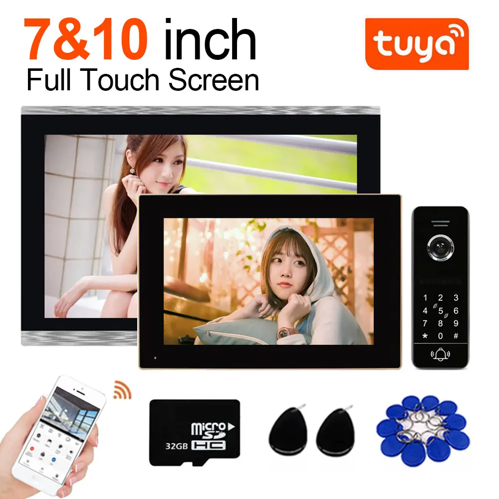 TUYA 1080P 10 Inch 7 Color Touch Screen Wifi Video Doorbell Smart APP Home Intercom Password Unlock RFID Access Control System