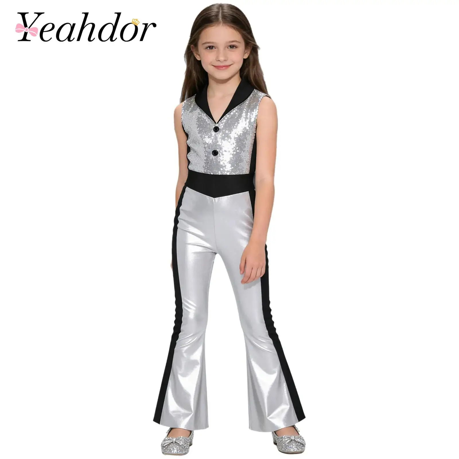 Kids Girls 70s Disco Flared Jumpsuit Metallic Shiny Rompers Bodysuit Lapel Sequined Bell Bottom Jazz Dance Party Costume Outfit