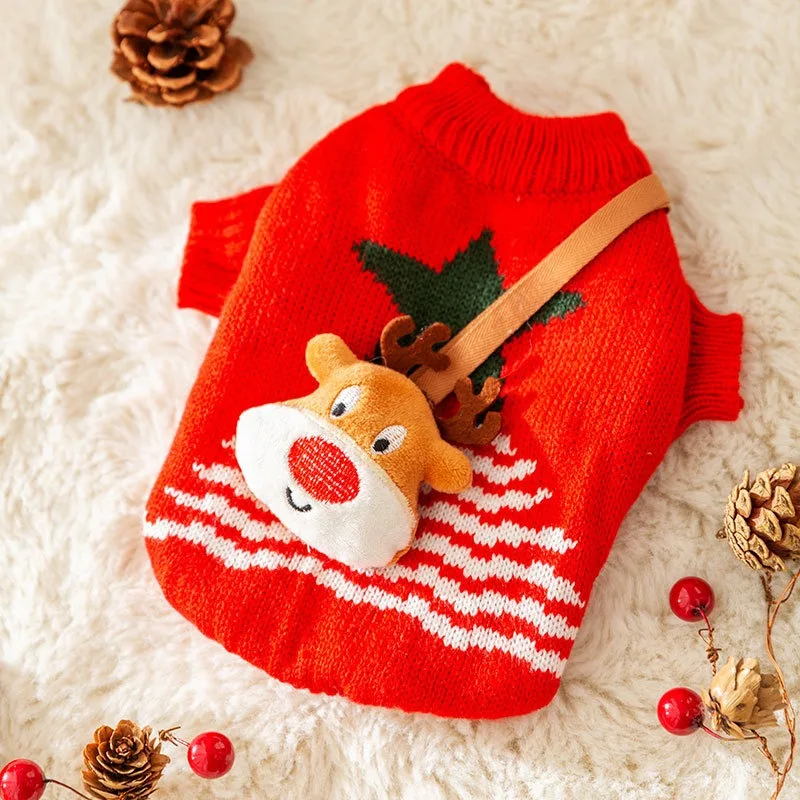 

Red Christmas Deer Sweater Winter Dog Clothes Cartoon Duckling Crossbody Knit Sweater Cat Bichon Frise Two Legs Clothes