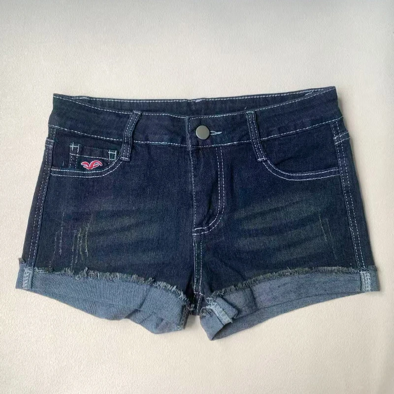 Summer Denim Shorts Women Low Waist Y2K Elastic Slim Fit Embroidered Wrapping Denim Hot Pants 4