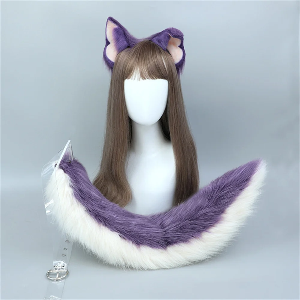 2Pcs/set Purple Furry Cosplay Wolf Foxes Cat Ear Headgear Tail Lolita Gothic Party Hand-made Animal Ear Plush Hair Band Tail Set