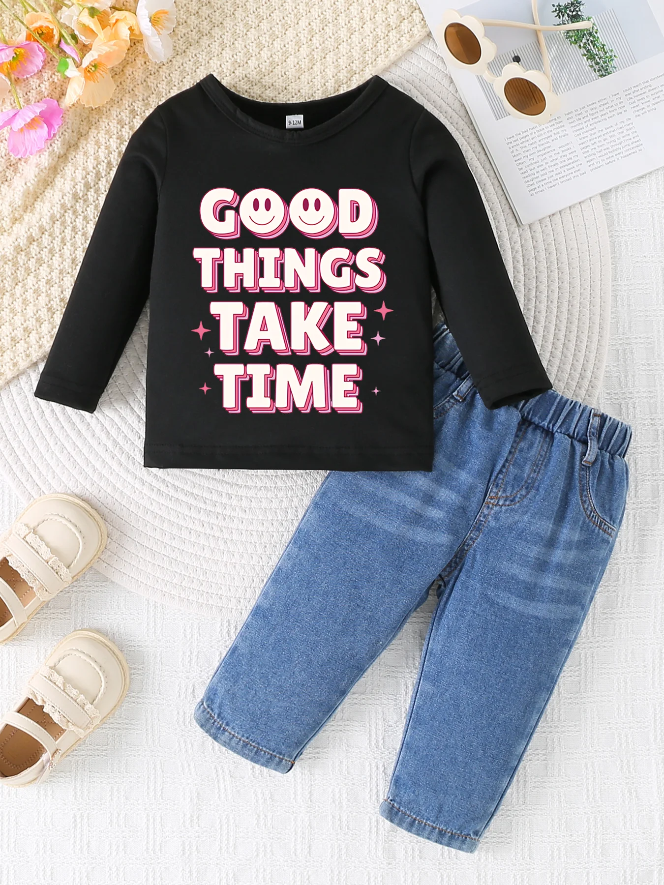 

0-3 year old summer newborn new solid color printed pullover sweater round neck long sleeved T-shirt+denim pants set, suitable f