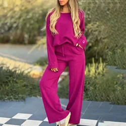 Autumn Fashion Long Sleeve T-shirts Pant Sets Women 2024 Casual O-neck Tops And Wide Leg Pants 2 Piece Sets Women Outfit Elegant