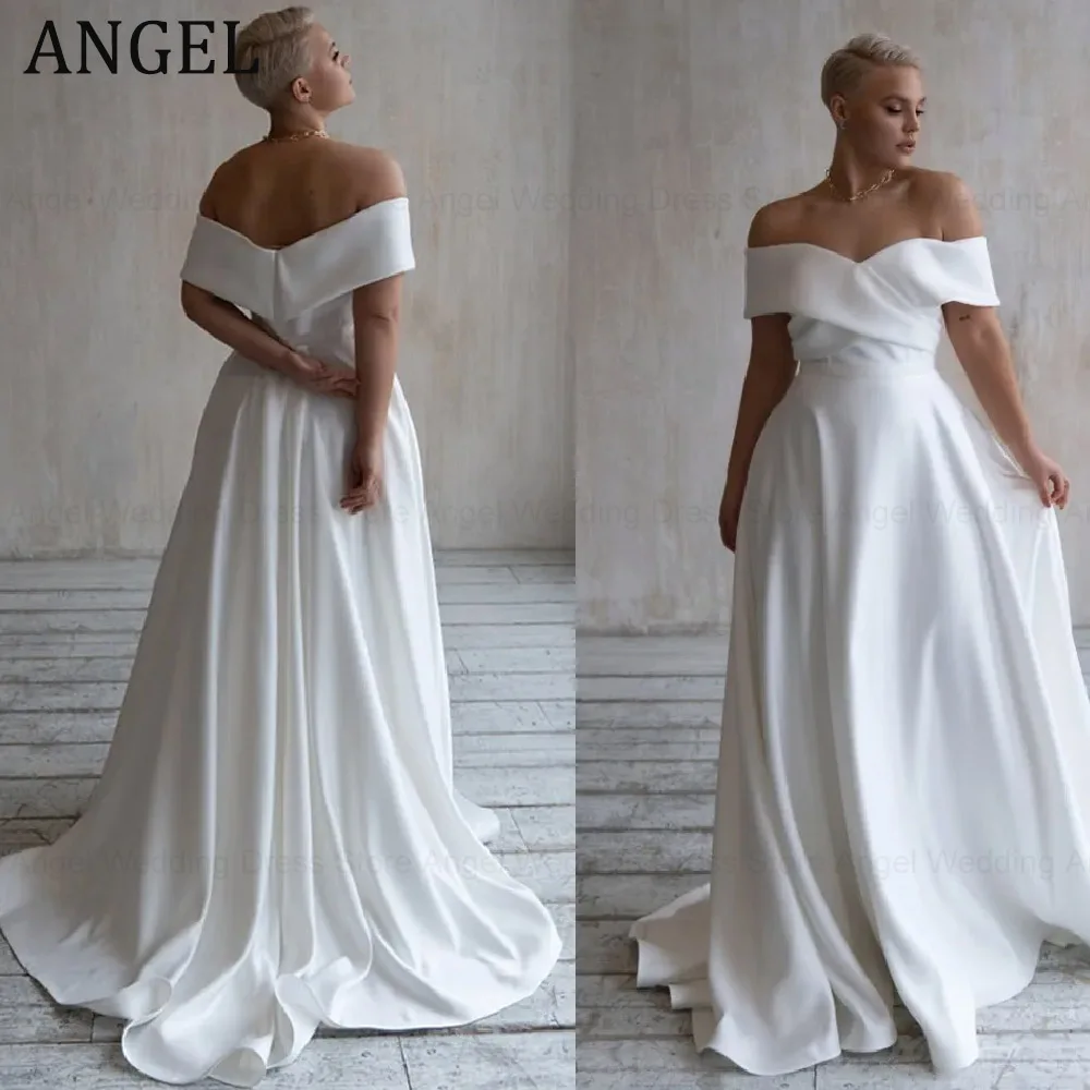 ANGEL Customized Satin Wedding Dress 2026 Off-Shoulder Modern A-Line Sweep Train Vestido De Noiva Bridal Gown Long Evening Gowns
