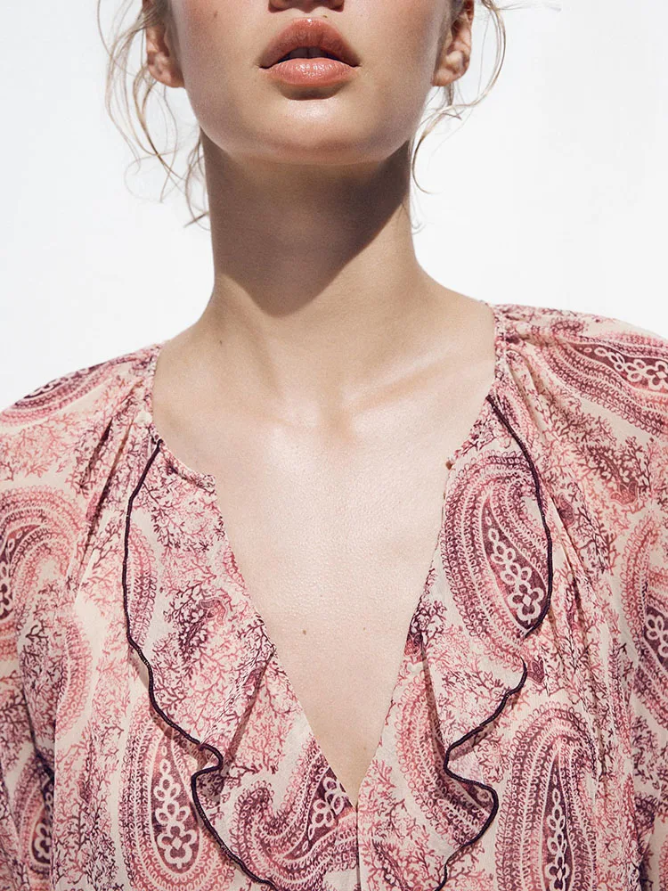 Nova Chegada de Primavera ZA2025 Vestido F E de Manga Longa com Estampa Estilo Decorativo em Camadas Material E...