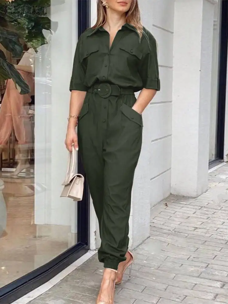 ZANZEA Fashion Women Jumpsuits Elegant Solid Cargo Rompers Casual Lapel Neck 3/4 Sleeve Long Overalls Female Party Playsuits