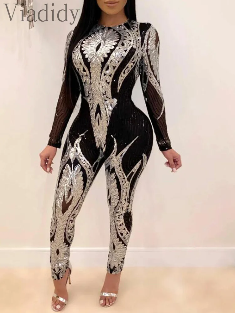 Women Sexy Sheer Mesh Patchwork Sequin Decor Bodycon Jumpsuit