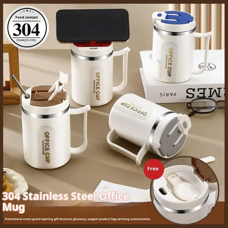 Термальная кофейная кружка из нержавеющей стали с двойными стенками и ложкой, стакан для холодных напитков из стали 304, чашка для чая, молока для горячих и холодных напитков